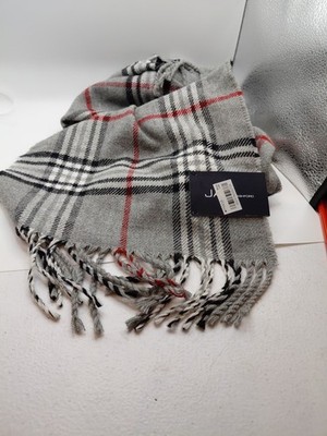 John Ashford Scarf Plaid New Macy's fringe grey black off white 