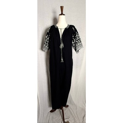 Ulla Johnson Alexi Floral Embroidered Jumpsuit Black Cotton Boho Ivory Tassel 0