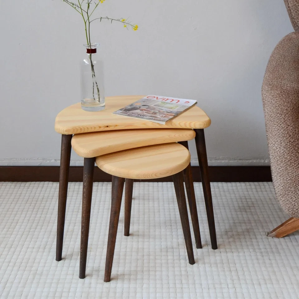 Handmade 3-Piece Solid Wood Nesting Table Set – Natural Pine & Walnut Finish - Image 2 of 4
