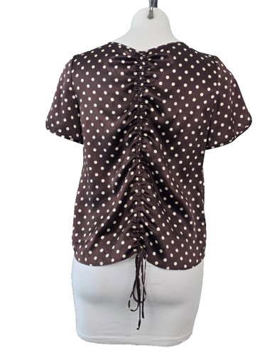 Catherine Gee Tie Back Brown White Polkdot Short Sleeve Silk Top M - Picture 2 of 6