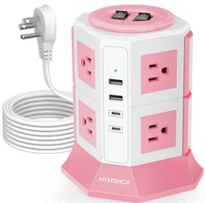 NVEESHOX Ultra Flat Plug Surge Protector Power Strip Tower, 8 AC Outlets 4 USB C