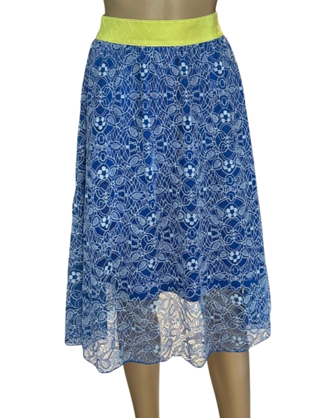 Lula Roe Lace & Mesh Blue & White Sexy Skirt Pull On Yellow Waistband Size XS