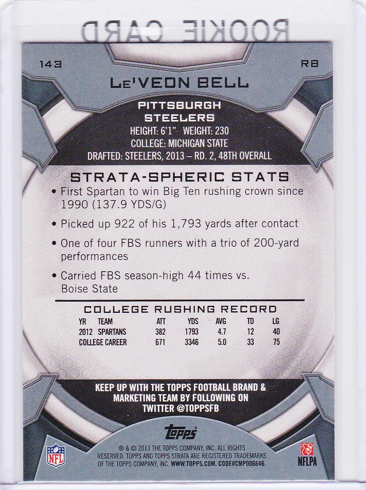 Le'Veon Bell PITTSBURGH STEELER ROOKIE CARD 2013 Topps Strata Leveon FOOTBALL RC - Image 2 of 2
