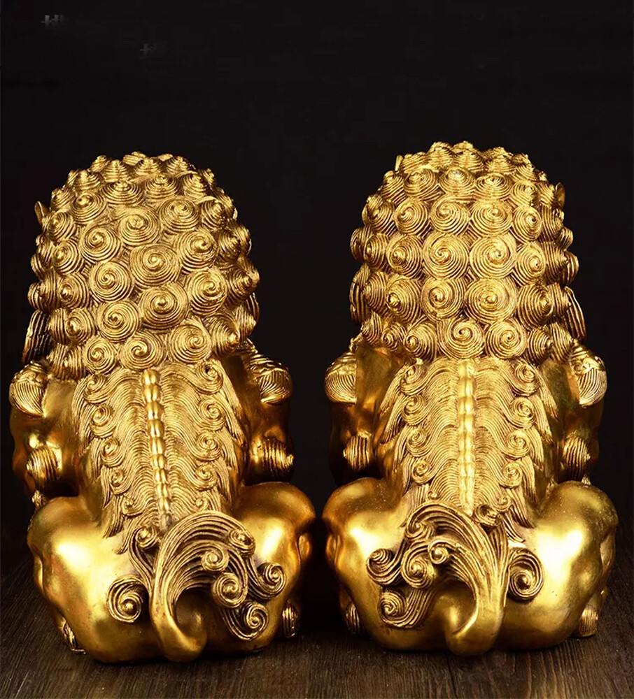 Large Pair Bronze Chinese Lion Foo Dog Statue Figure Sculpture