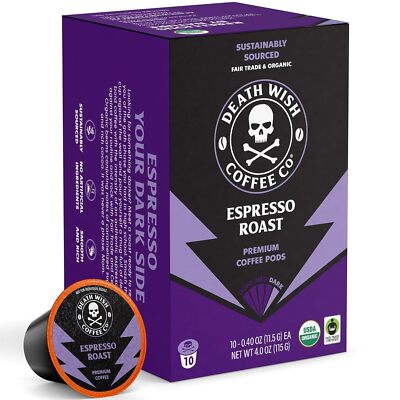 Death Wish Coffee  Espresso Roast Single Serve Pods - Extra Kick of Caffeine  Fa