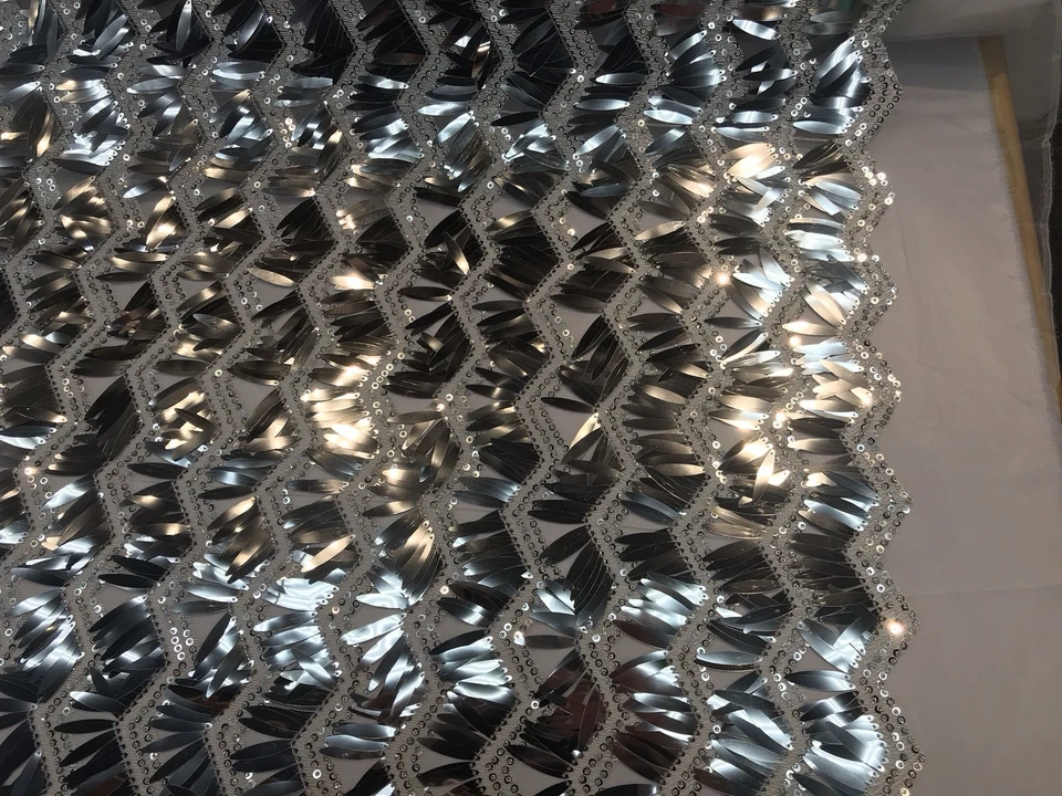 SILVER-WHITE CHEVRON EMBROIDERY WITH LONG SEQUINS ON A MESH-SOLD BY THE YARD. - Image 4 of 4