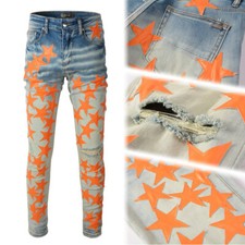Men's Ripped Orange Star PU Patchwork Sanding Skinny Stretch Denim Jeans