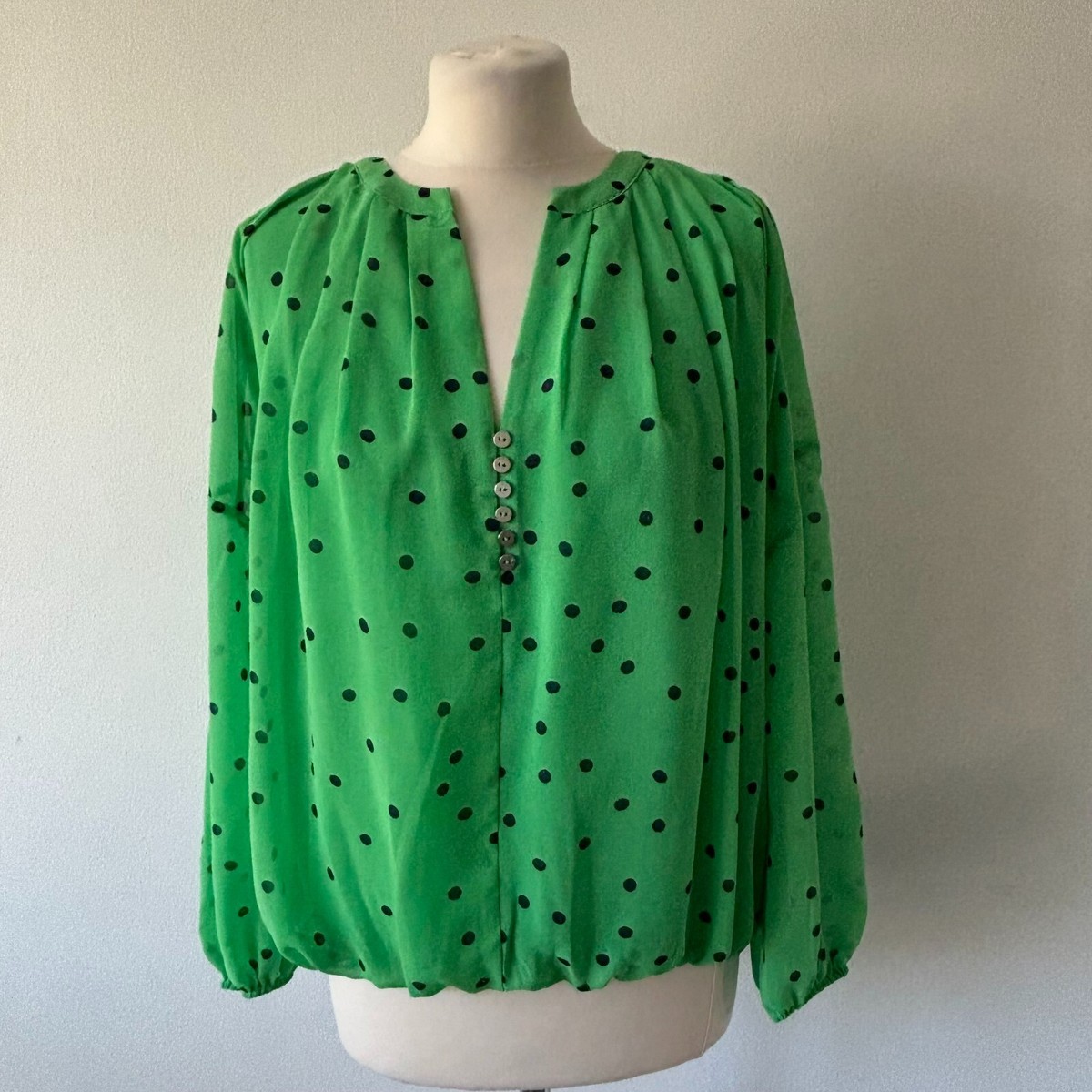Mint Velvet Green Navy Blue Polka Dot Tess Blouse Spotty Top Size S *Small  Flaw*