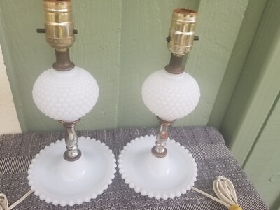 Set of 2 1950's White Milk Glass Opaline Hobnail Boudoir Table Lamps -Vintage