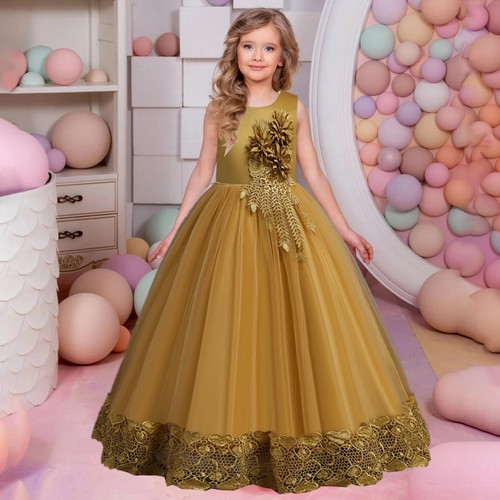 Girls Vintage Flower Princess Dress Wedding Party Pageant Long Gown Formal Dress - Afbeelding 1 van 26