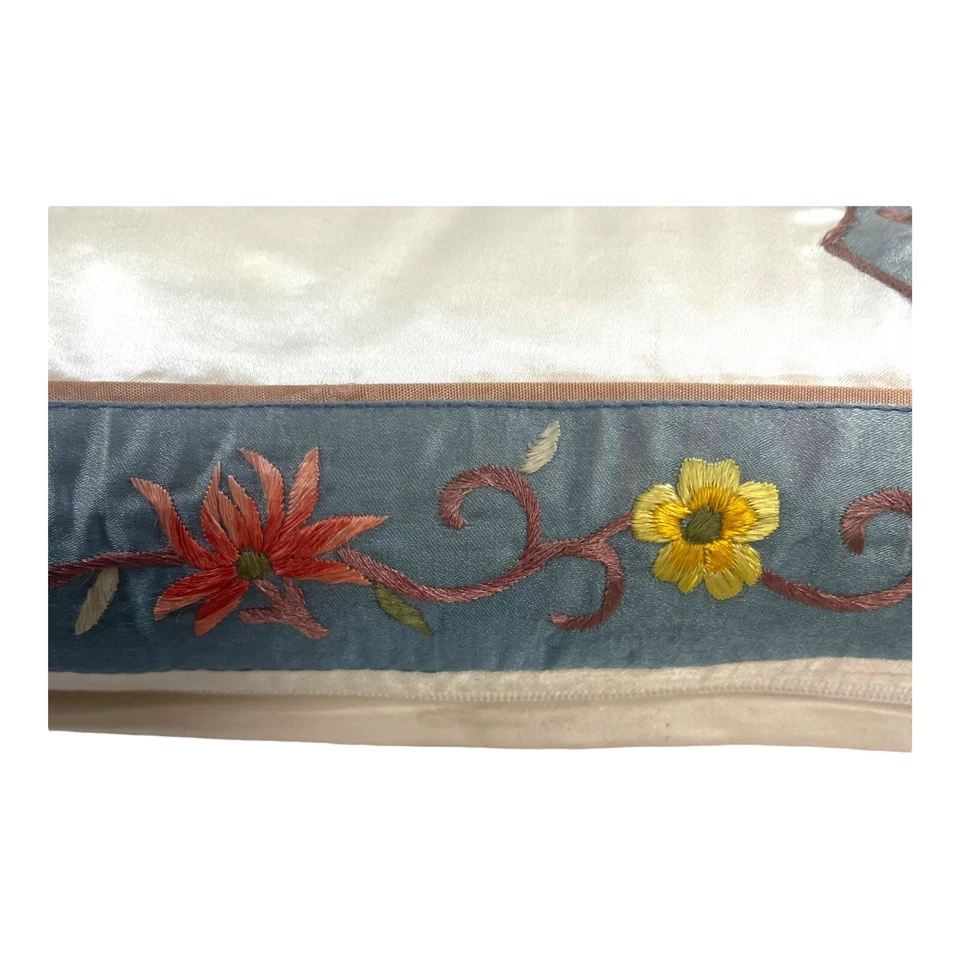 Vintage Satin Embroidered Duck Water Lillies Fleur Du Lis Bird Throw Pillow 14” - Image 4 of 4