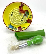 BonCera 4pcs Ceramic Garlic Grater Set Hand Crafted Rooster Peeler Brush NEW