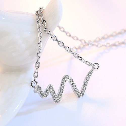 Women 925 Sterling Silver Chain Necklace Crystal Abstract Heartbeat W Pendant - Picture 3 of 4