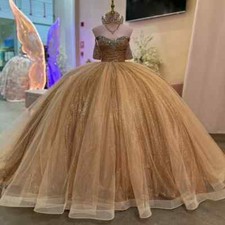 Gold Shiny Quinceanera Dresses Ball Gown Beading Crystal Birthday Sweet 16 Dress