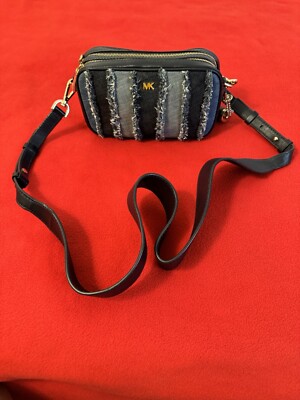 Michael Kors Dark Blue Leather And Denim Jeans Crossbody Bag Double Compartment