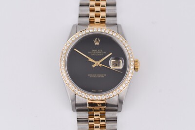 Rolex Datejust 16233 Yellow Gold Diamond Bezel Custom Onyx Dial