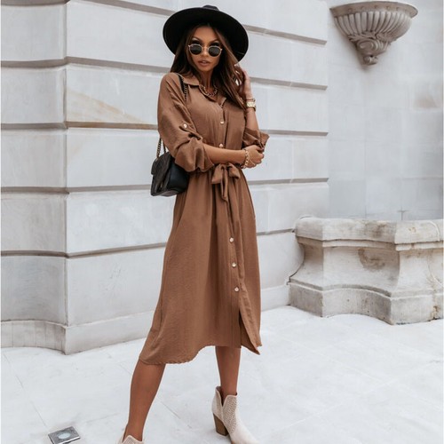Women Long Sleeve Shirt Dress Ladies Ol Work Pleated Button Down Belt Midi Dress - Picture 19 of 24