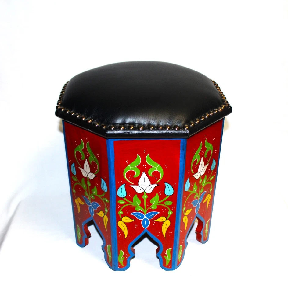 Footstool Handmade Painted Wood Leather Top Red Black Vanity Stool Moroccan - Image 2 of 4