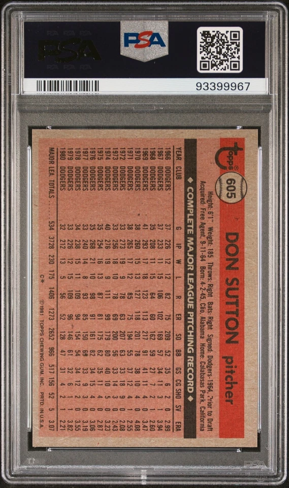 1981 Topps #605 Don Sutton - PSA 9 - Image 2 of 2