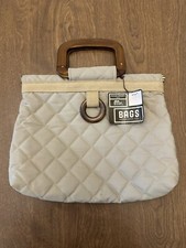 Mark Baren For Mr Bags Beige Quilted Wood Top Handle Purse Boho Vintage 1970s