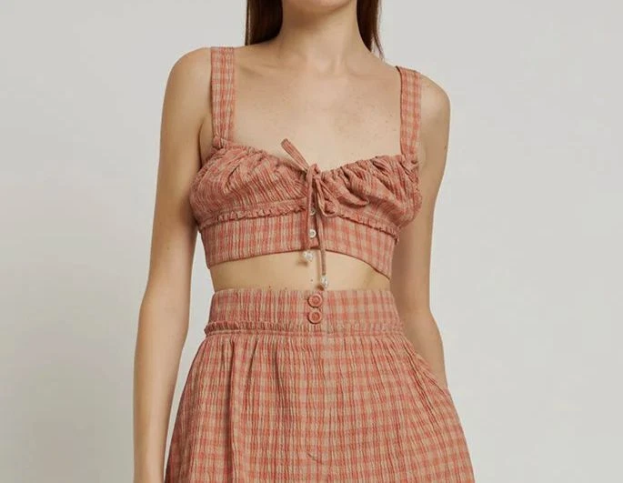 $595 Altuzarra Women's Orange Bijou Front-Tie Gingham Crop