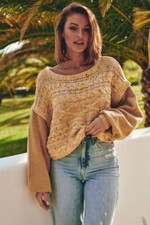 Free People Sweater Sweatshirt Cable Knit Pullover Fleece Sleeve Honey S NWT