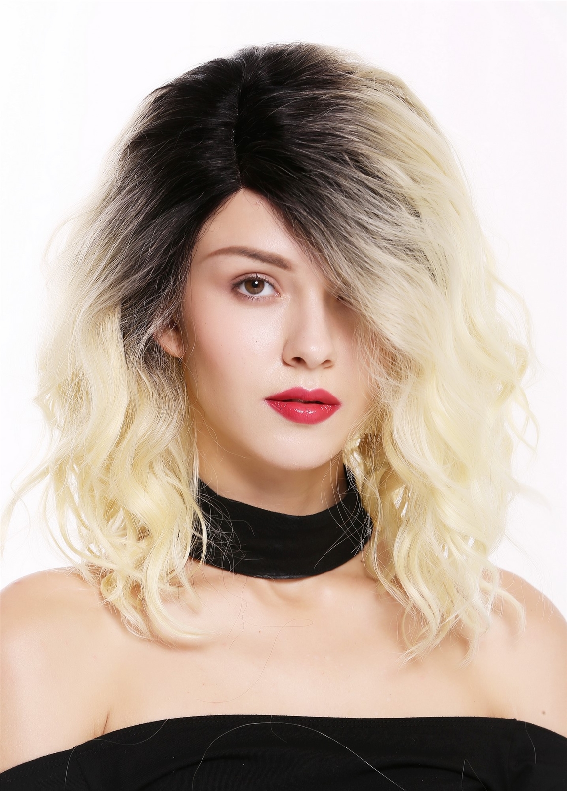Women Wig Lace Front Part-Mono Curls Voluminous Parting Ombre Black Blonde