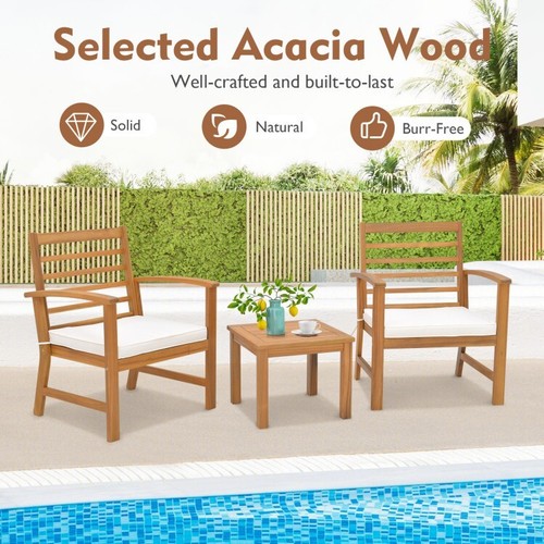 3PCS Patio Outdoor Wood Furniture Set Ergonomic Backrest With Soft Seat Cushions - Picture 7 of 9