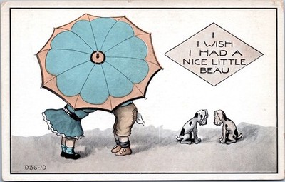 Couple under umbrella, two dogs nearby Wish I had a beau - c1907-15 d/b Postcard