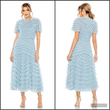 Mac Duggal 8055 High Neck Ruffle Short Sleeve Tiered A Line Dress 10 Blue