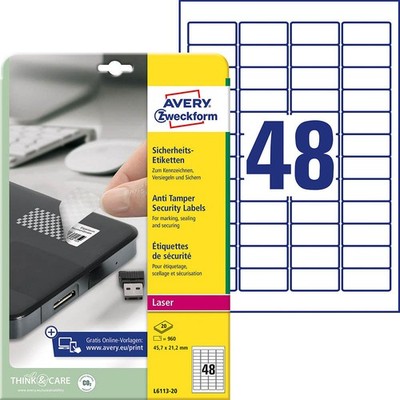 AVERY Zweckform Sicherheitsetiketten L6113-20 weiß 45,7 x 21,2 mm, 20 Blatt