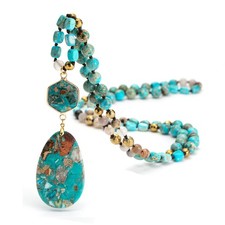 Boho Turquoise Necklaces for Women,36.8 Inch Natural Stone Beaded Long Pendan...