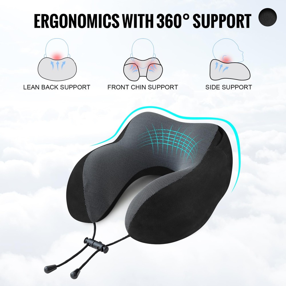 Memory Foam Travel Neck Pillow with Hood for Airplane Comfort in Black