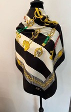 Celine Silk Scarf Black White Gold Equestrian Charm Hand Rolled Made in France