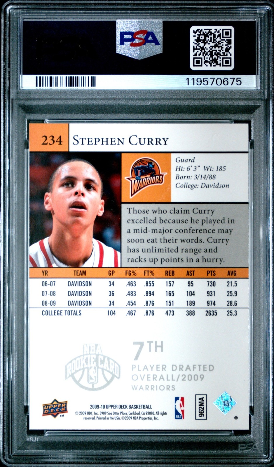 2009-10 Upper Deck Basketball Stephen Curry #234 RC Rookie PSA 9 view 2