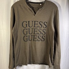Guess Long Sleeve Logo Graphic T Shirt Olive Green V Neck Women's Small Casual