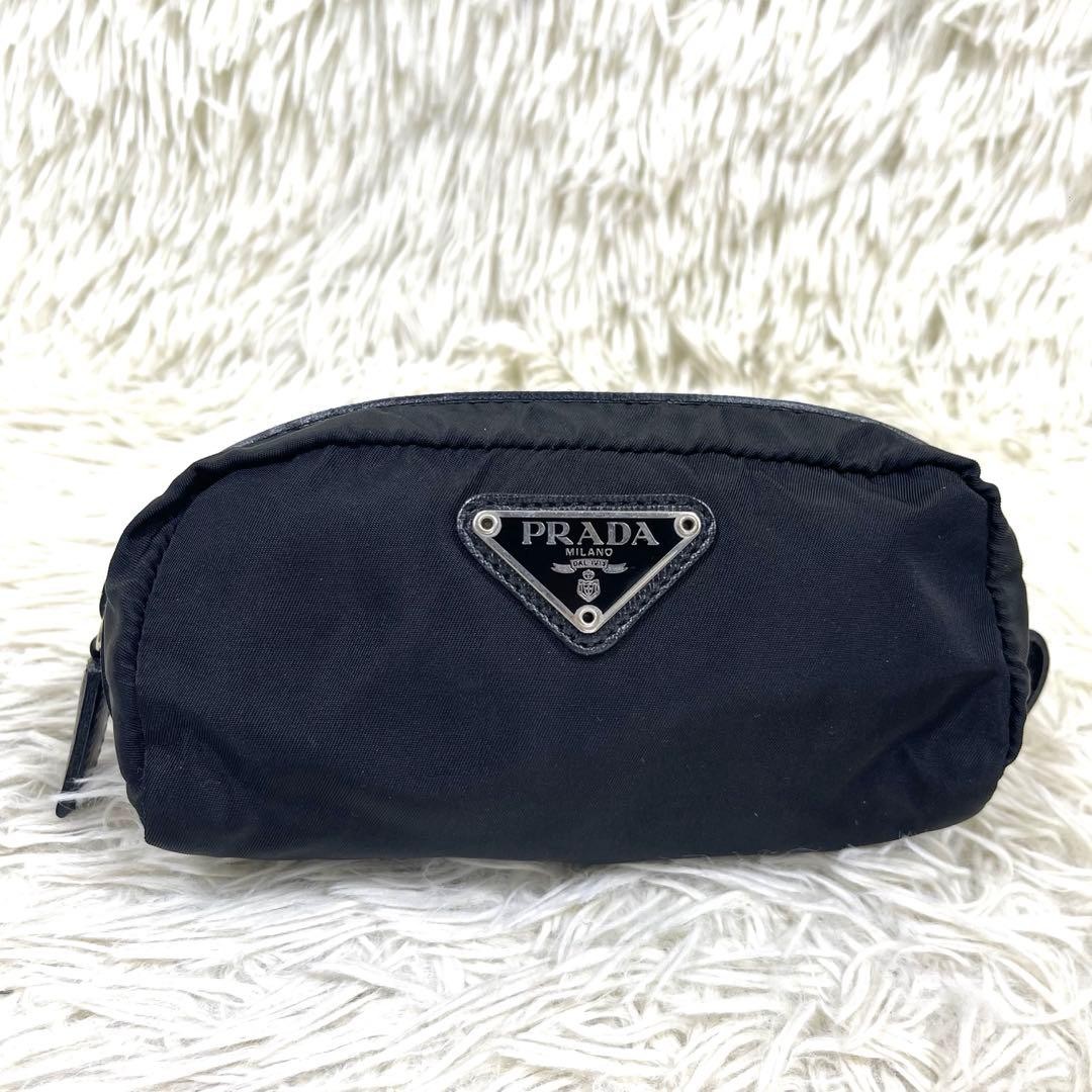 PRADA Pouch Nylon Triangular Logo Plate Black Lea… - image 2