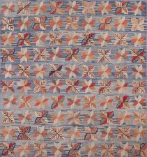 Antique Allover Floral Wool & Cotton Hooked Blue 1890s Square Rug