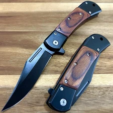 8.75” Black Wood Tactical Spring Assisted Open Blade Pocket Knife Hunting Knife