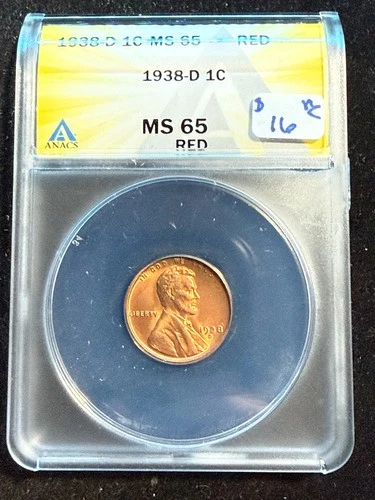 1938 D LINCOLN WHEAT CENT ANACS MS 65 RED 188