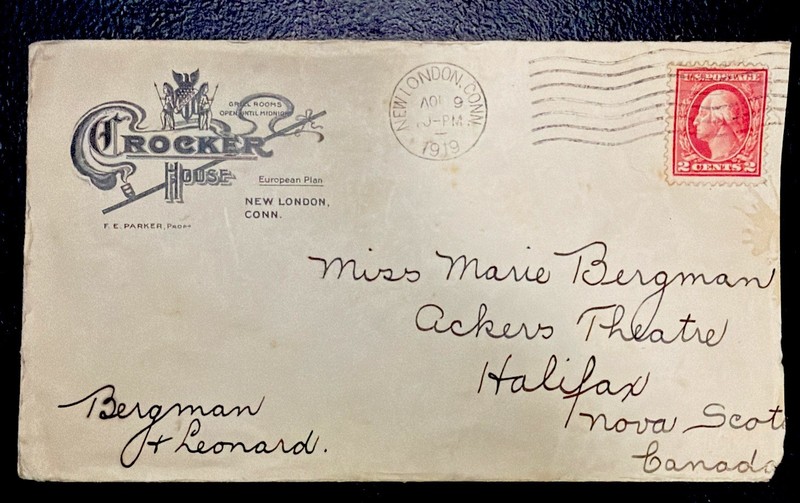 Crocker House New London Connecticut 1919 Hotel Cover ~ Stk134