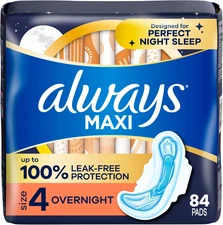 Always Maxi Overnight Pads with Wings for Women, Size 4, Overnight Absorbency, U