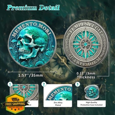 Nature Power Memento Mori Stoic Challenge Coin Carpe Diem Skull