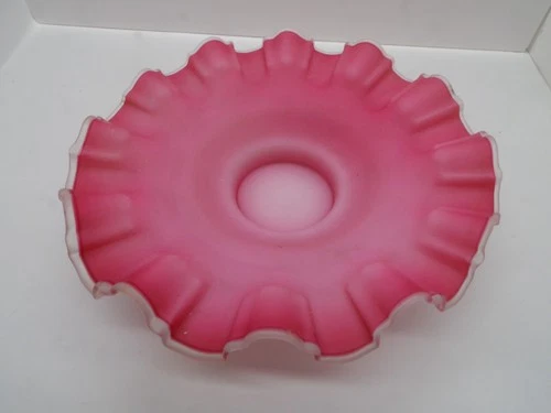 Vintage Fenton Rose Overlay Bowl: Pink Ruffled Milk Glass 10"