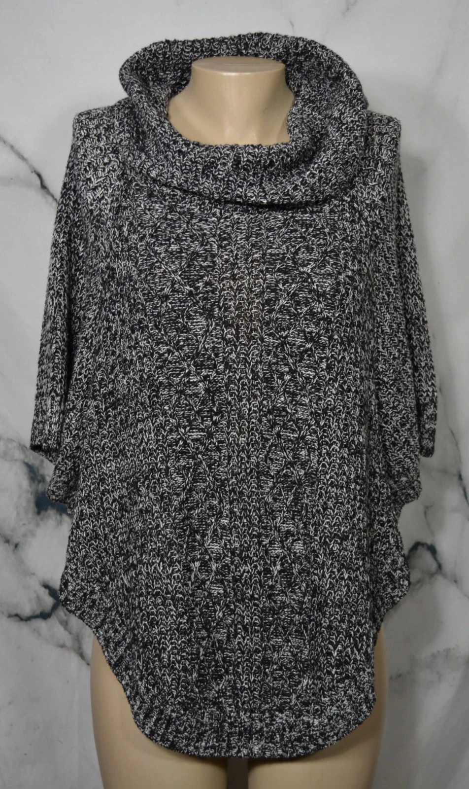 JON & ANNA Black White Heathered Cowl Neck Round Hem Sweater Poncho Small Medium