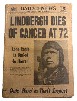 NY Daily News 8/27/74 Charles Lindbergh Dies Lone Eagle Pilot Newspaper 