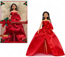 Barbie Signature 2026 Holiday Brown Hair Fashion Doll Wearing Red Gown with Bow