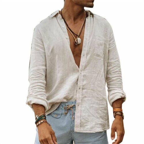 Camicie uomo cotone lino collo alto maniche lunghe camicie uomo - Foto 22 di 23