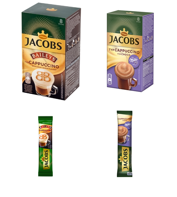 JACOBS CAPPUCINO COFFEE - 8 STICKS - CHOCOLATE MILKA - BAILEYS