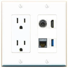 3-5MM CAT7 HD USB-3 Port Wall Plate w/Power Outlet White